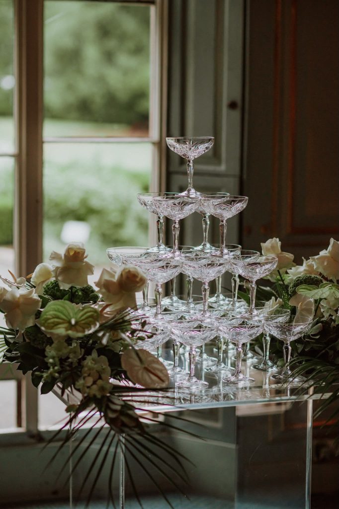 4 Tier Champagne Tower with Signature Stand and Fresh Florals Photography Katy Yates Photography
